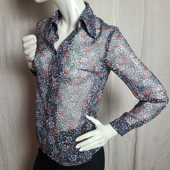 Women's XS Sheer Blouse Blue Red Floral Print Allover Button Down Long Sleeves - Picture 3 of 12